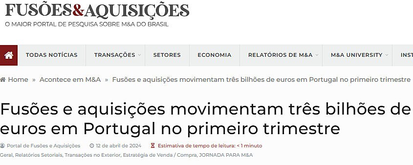 Fuses e aquisies movimentam trs bilhes de euros em Portugal no primeiro trimestre